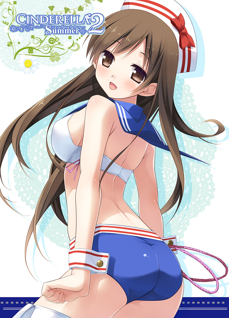 ass, bikini, blush, body_blush, breasts, brown_eyes, brown_hair, cuffs