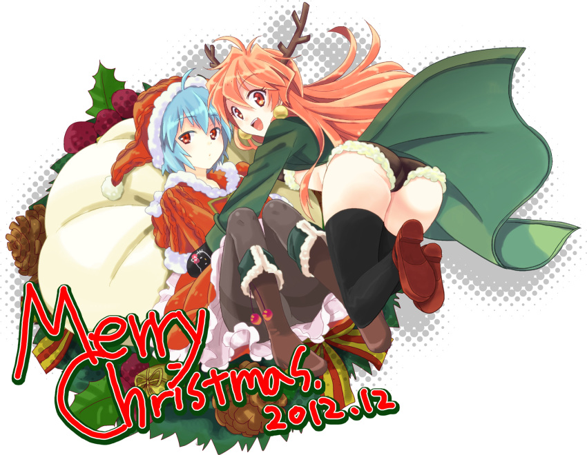 2girls, alternate_costume, antlers, ass, ayanami_rei, bag, black_gloves, black_legwear