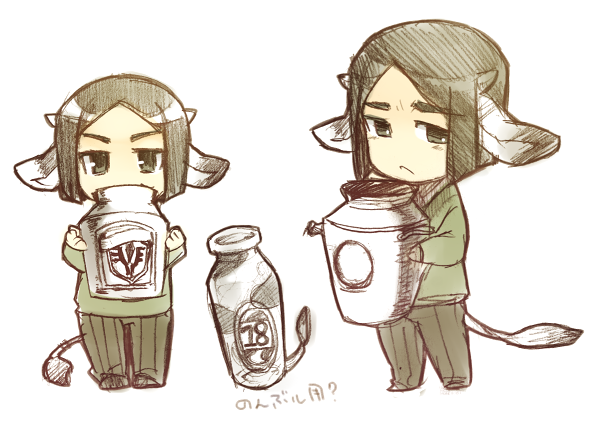 :<, animal_ears, black_hair, bob_cut, chibi, cow_ears, cow_horns, cow_tail, fate/zero, fate_(series), horns, male, milk_can, nami_(tobuyo), short_hair, tail, waver_velvet