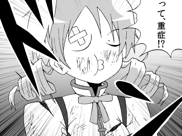 beat_up, closed_eyes, comic, drill_hair, emphasis_lines, gogiga_gagagigo, gradient, gradient_background
