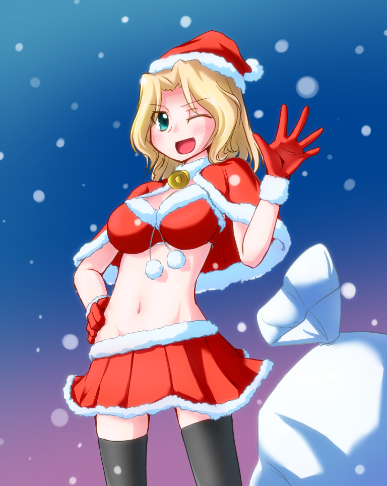 akasaka_takanari, bell, bikini_top, blonde_hair, blue_eyes, christmas, girls_und_panzer, hat, kay_(girls_und_panzer), long_hair, midriff, smile, solo, thigh-highs, thighhighs, wink, zettai_ryouiki