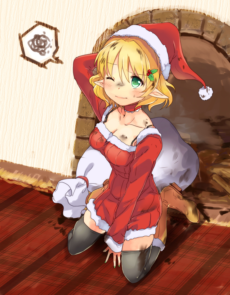 black_legwear, blonde_hair, blush, boots, breasts, chimney, christmas, dirty