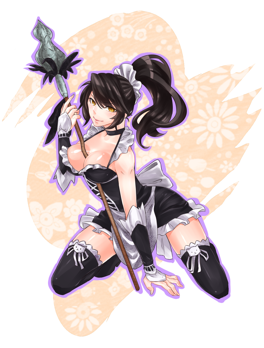 between_breasts, black_hair, black_legwear, breasts, choker, cleavage, hikarusorano, kneeling, league_of_legends, long_hair, looking_at_viewer, maid, nidalee, polearm, ponytail, smile, solo, spear, thigh-highs, thighhighs, weapon, yellow_eyes