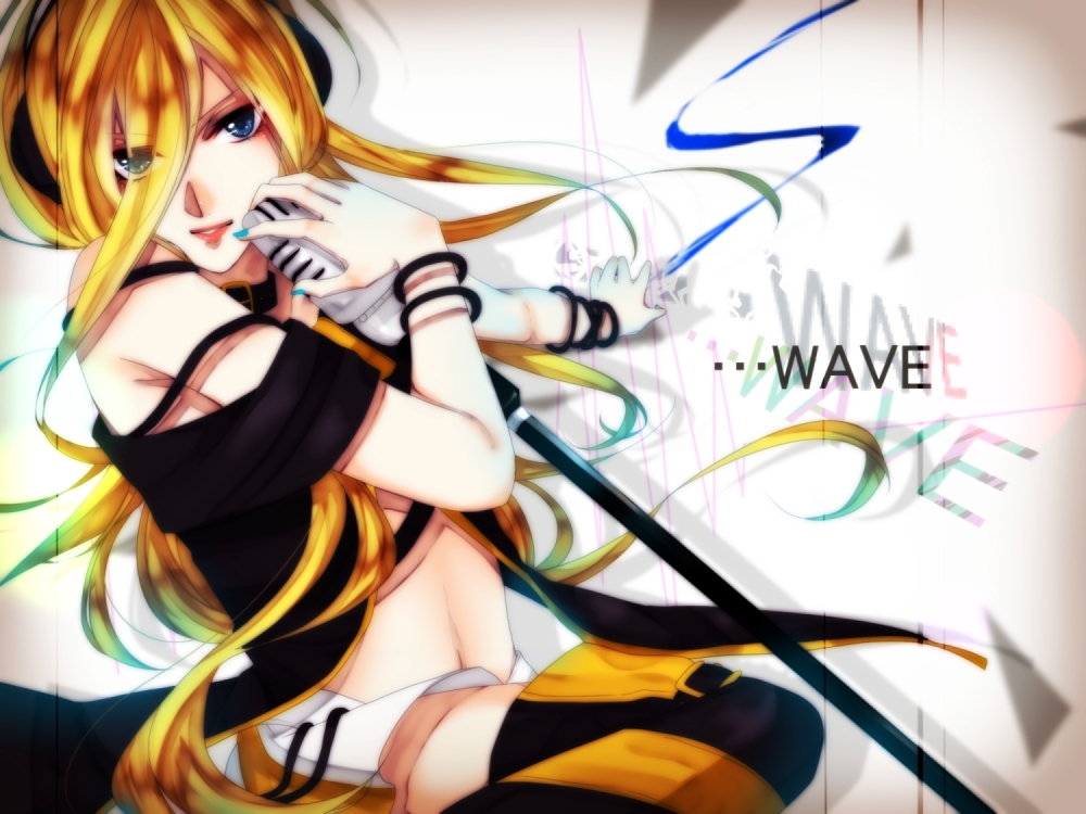 blonde_hair, blue_eyes, lily_(vocaloid), looking_at_viewer, maka, microphone, microphone_stand, solo