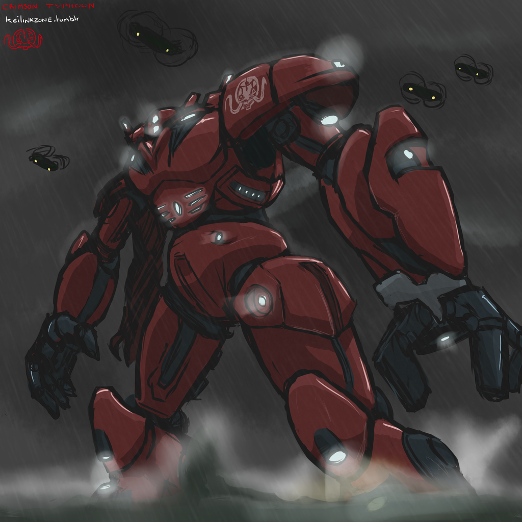 crimson_typhoon, jaeger, mecha, no_humans, pacific_rim, rain