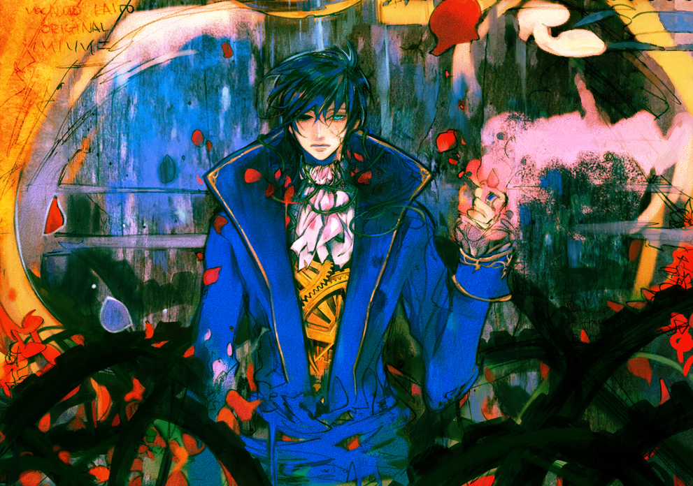 1boy, bad_id, black_eyes, blue_eyes, blue_hair, coat, gears, hai_wa_hai_ni_(vocaloid), heterochromia, kaito, male, petals, project_diva_(series), requiem_(module), shamra, solo, vocaloid