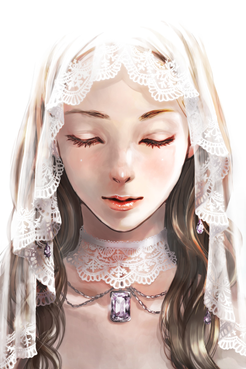 brown_hair, closed_eyes, cocoon_(yuming4976), eyes_closed, gem, highres, jewelry, lips