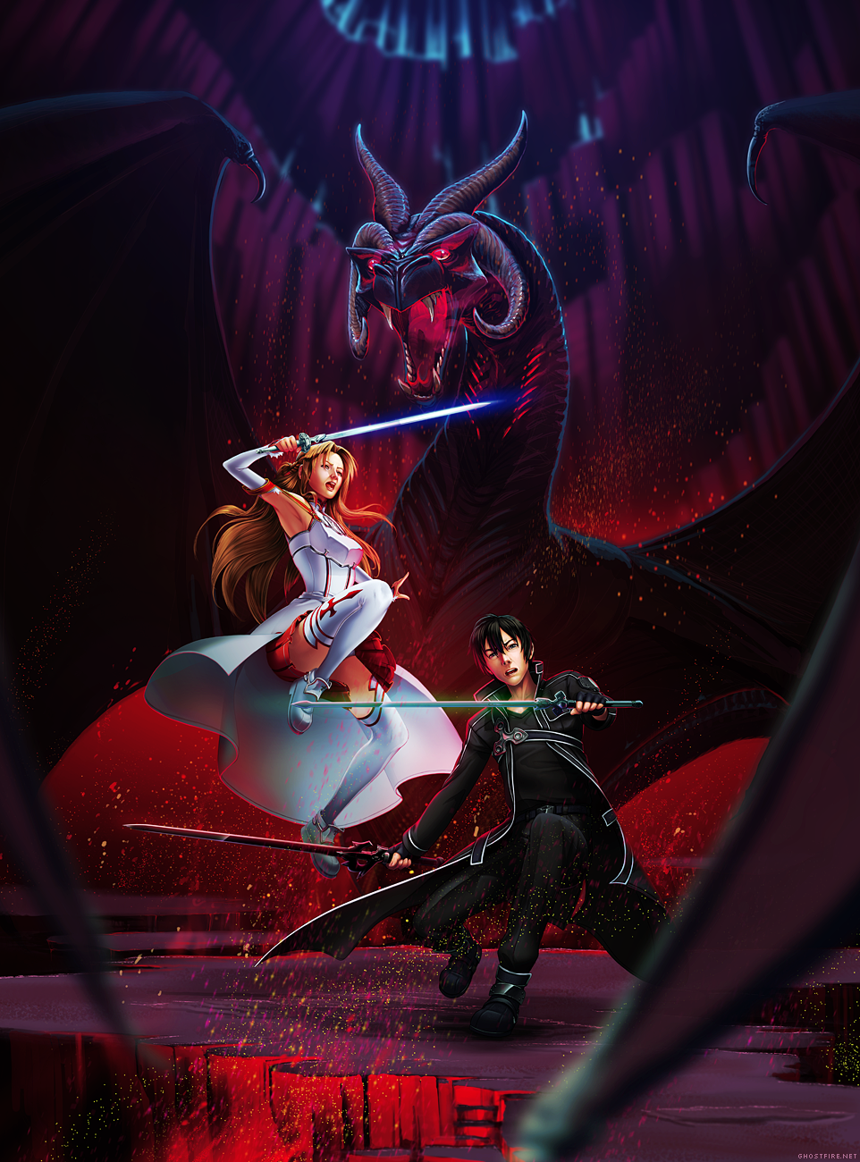 1girl, asuna_(sao), black_hair, braid, brown_eyes, brown_hair, dragon, dual_wielding
