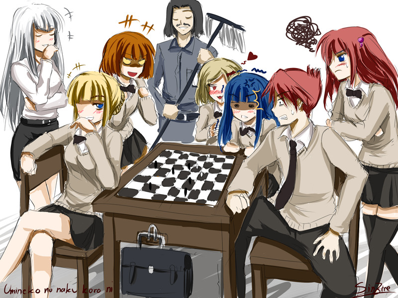 <3, angry, beatrice, blonde_hair, blue_hair, blush, chess, chessboard