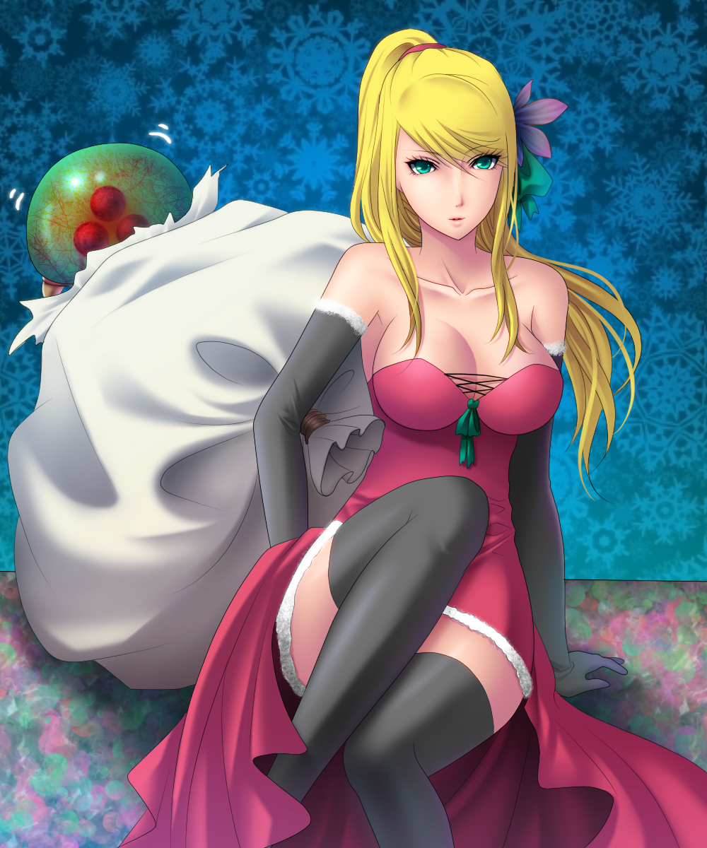 bangs, blonde_hair, breasts, cleavage, dress, elbow_gloves, female, flower, gloves, green_eyes, hair_ornament, highres, kuroma_(atapi), large_breasts, leaning, long_hair, metroid, metroid_(creature), motion_lines, necktie, parted_lips, ribbon, sack, samus_aran, sitting, snowflakes, solo, swept_bangs, thigh-highs, thighhighs