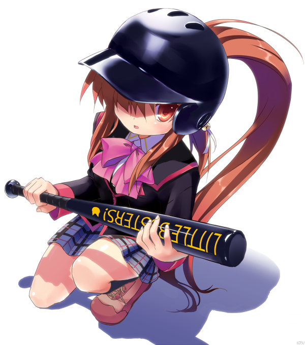 baseball_hat, baseball_helmet, brown_hair, helmet, kotsu, little_busters!!, long_hair, natsume_rin