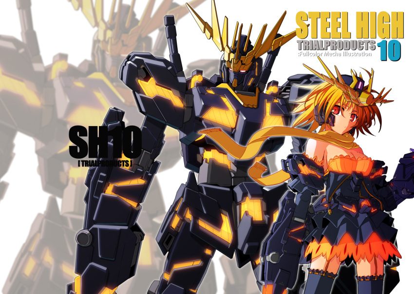 beam_rifle, black_legwear, blonde_hair, breasts, cleavage, garter_straps, glowing, gun
