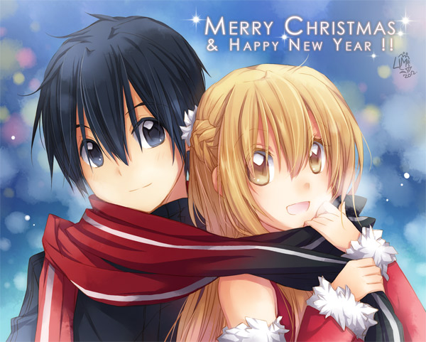 1girl, :d, asuna_(sao), black_eyes, black_hair, brown_eyes, brown_hair, couple