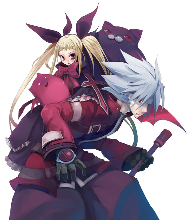 blonde_hair, dress, frills, gii, gothic_lolita, hair_ribbon, japanese_clothes, lolita_fashion, long_hair, nago, nekoda, nekoda_kuro, rachel_alucard, ragna_the_bloodedge, red_eyes, ribbon, short_hair, silver_hair, sword, twintails, umbrella, vampire, weapon