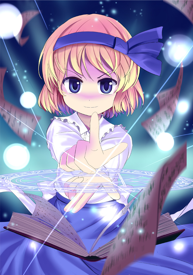 1girl, a_(aaaaaaaaaaw), alice_margatroid, alice_margatroid_(pc-98), blonde_hair, blue_eyes, blush, book, bow, hair_bow, hair_ornament, hair_ribbon, hairband, magic_circle, note, ribbon, short_hair, skirt, smile, solo, touhou, touhou_(pc-98)