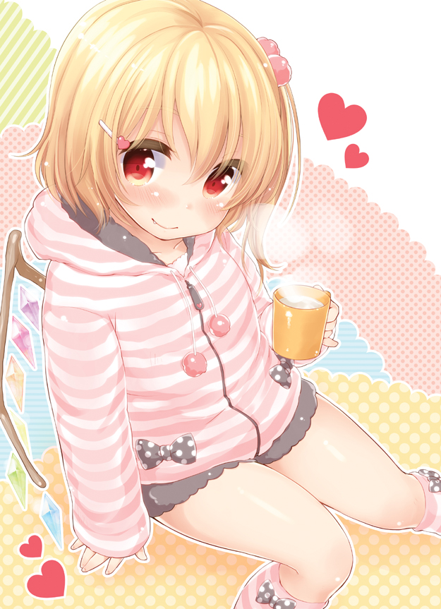 blonde_hair, blush, cup, flandre_scarlet, hair_ornament, hairclip, heart, hoodie