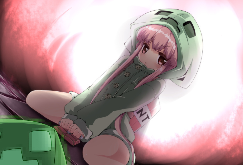 bare_legs, buttons, creeparka, creeper, dutch_angle, highres, hoodie, long_hair