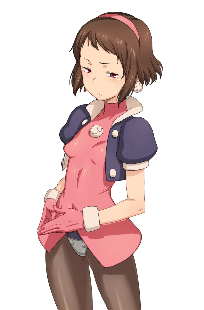 blush, brown_hair, buttons, cosplay, cropped_jacket, crotch_plate, earrings, gloves