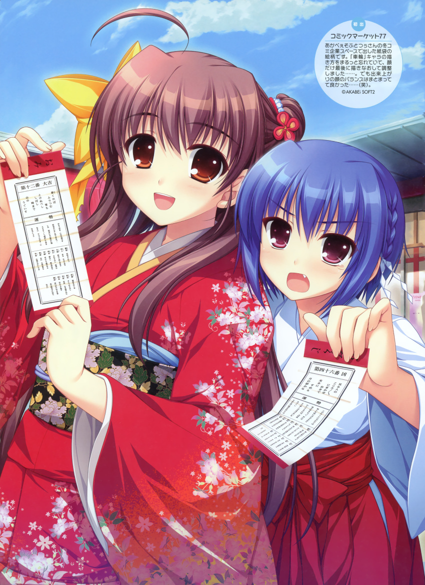 :d, absurdres, ahoge, alpha_(artist), blue_hair, braid, brown_eyes, brown_hair