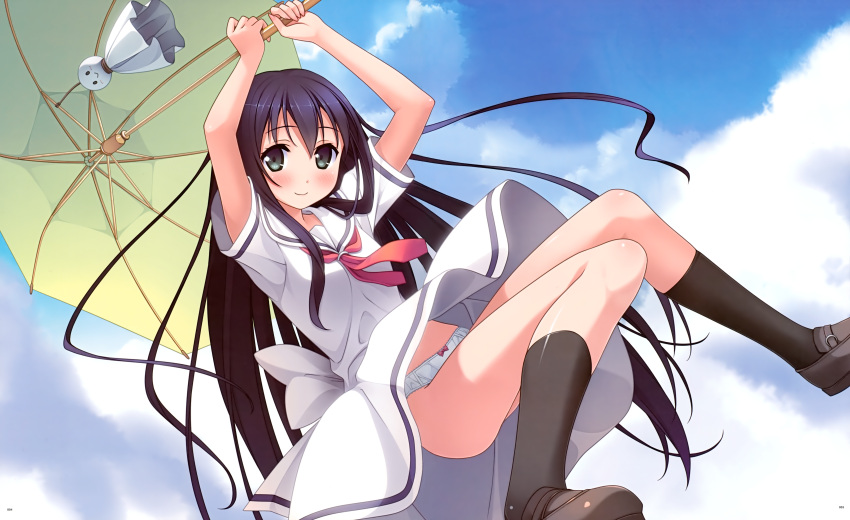 absurdres, amesarasa, arms_up, black_hair, black_legwear, bow, bow_panties, chiyokawa_rin