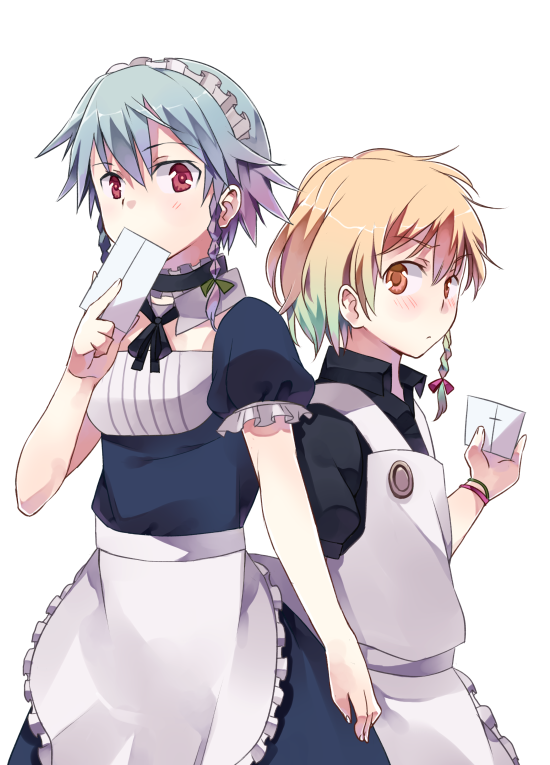 2girls, bad_id, blonde_hair, blush, braid, izayoi_sakuya, kimino, kimino_tomonari