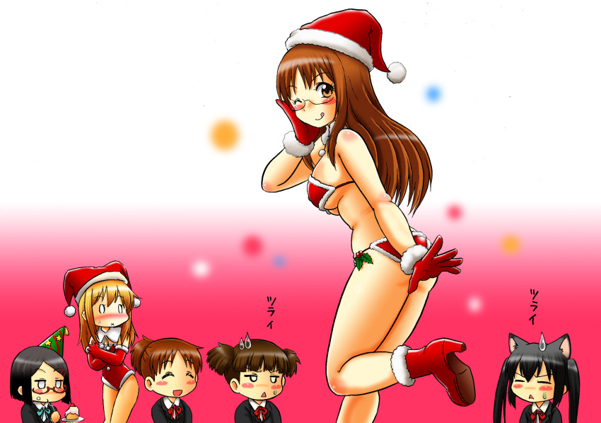:p, animal_ears, bikini, black_hair, brown_eyes, brown_hair, cat_ears, chibi