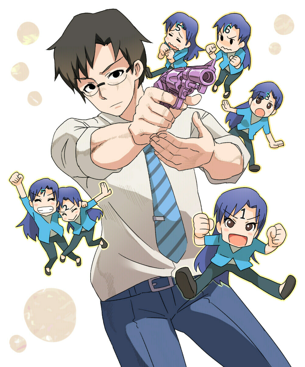 akabane_kenji, black_hair, blue_hair, glasses, go-gyan-sun, guido_mista, gun, highres, idolmaster, imai_asami, jojo_no_kimyou_na_bouken, kisaragi_chihaya, necktie, producer_(idolmaster), seiyuu_connection, sex_pistols_(stand), weapon