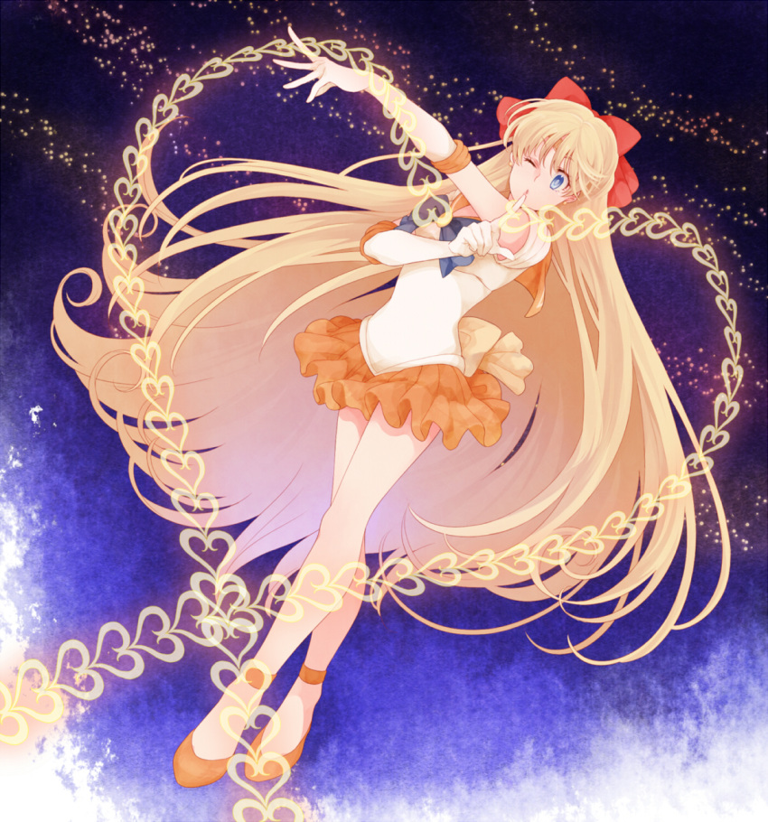 abstract_background, aino_minako, bishoujo_senshi_sailor_moon, blonde_hair, blue_eyes, bow, chain, chains, dutch_angle, earrings, elbow_gloves, finger_to_mouth, gloves, hair_bow, highres, jewelry, komasawa_(fmn-ppp), long_hair, magical_girl, sailor_venus, skirt, solo, standing, tiara, wink