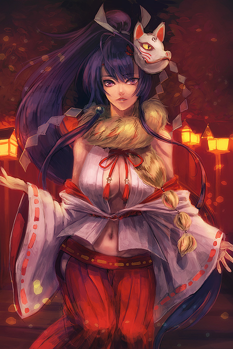 bare_shoulders, breasts, center_opening, cleavage, fox_mask, hakama, japanese_clothes, jidori_(ossms), lamp, large_breasts, long_hair, mask, miko, mochizuki_chiyome, navel, parted_lips, ponytail, purple_eyes, purple_hair, sengoku_taisen, solo, very_long_hair, violet_eyes