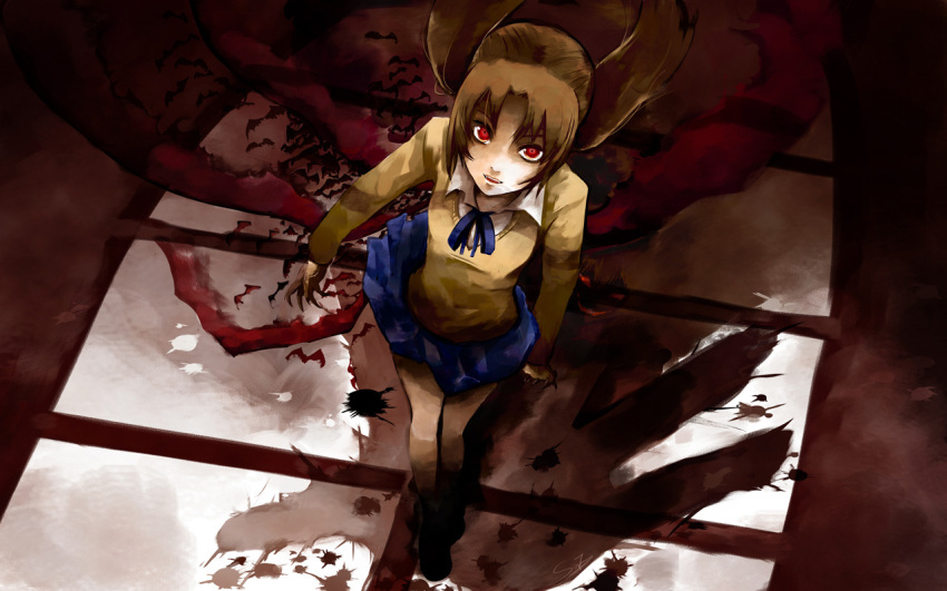 claws, fangs, from_above, melty_blood, red_eyes, ribbon, school_uniform, sinzire