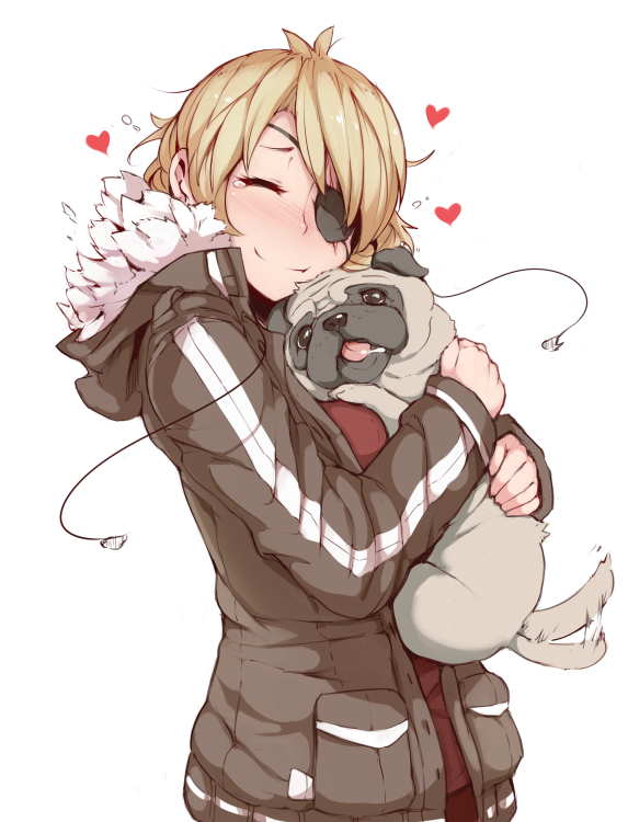 blonde_hair, blush, copyright_request, dog, eyepatch, heart, hug, jacket