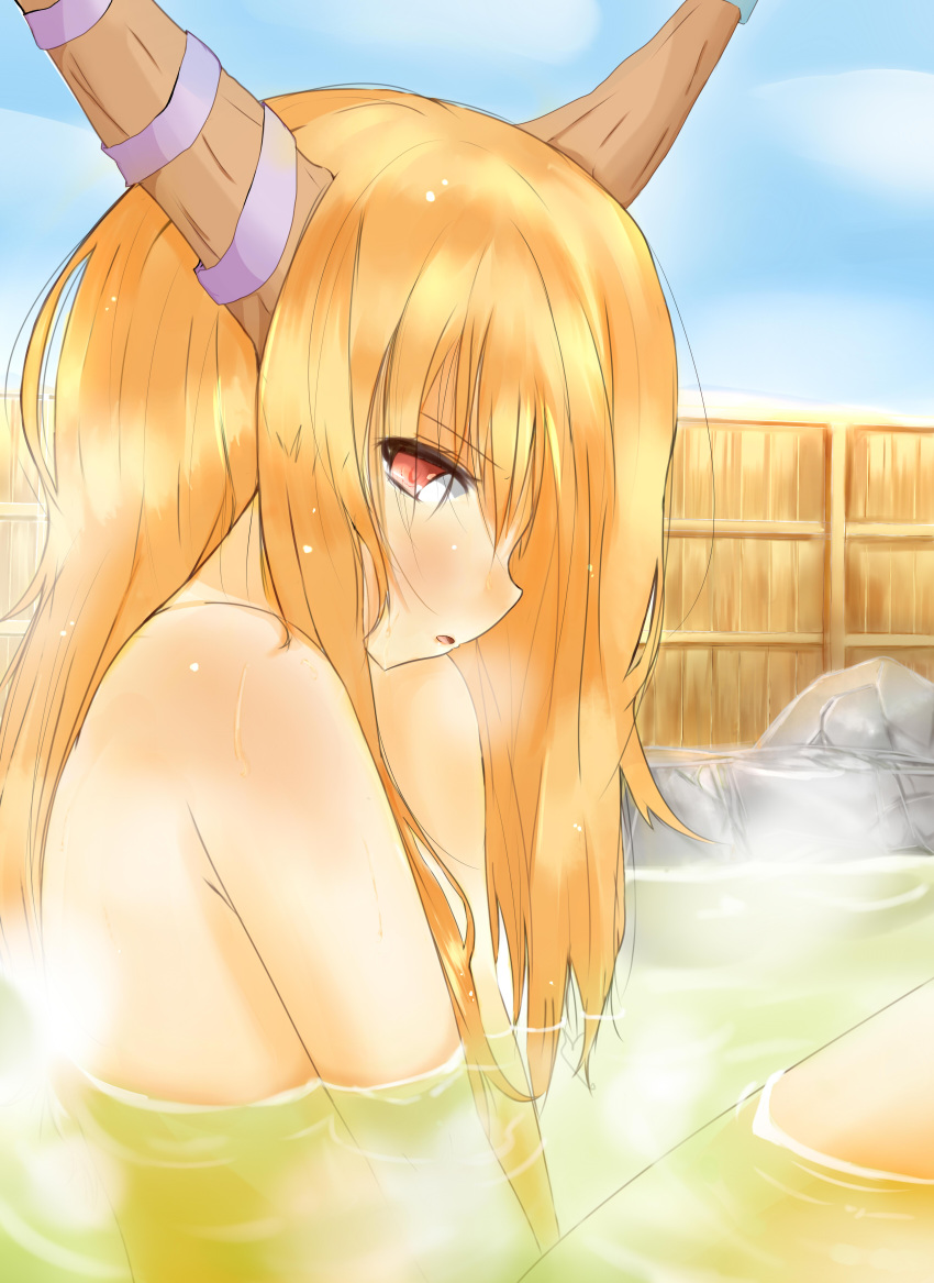 :o, absurdres, blue_sky, cloud, clouds, fence, highres, horn_ribbon, horns, ibuki_suika, leg_up, light_noveler, long_hair, nude, onsen, orange_hair, profile, raitonoberaa, red_eyes, ribbon, rock, side_glance, sitting, sky, snow, solo, touhou, v_arms