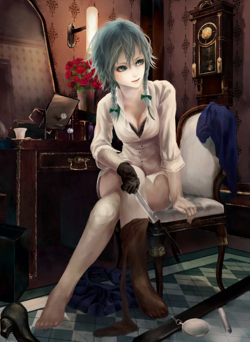 akaikitsune, aqua_eyes, black_bra, bottomless, bra, braid, clock, crossed_legs