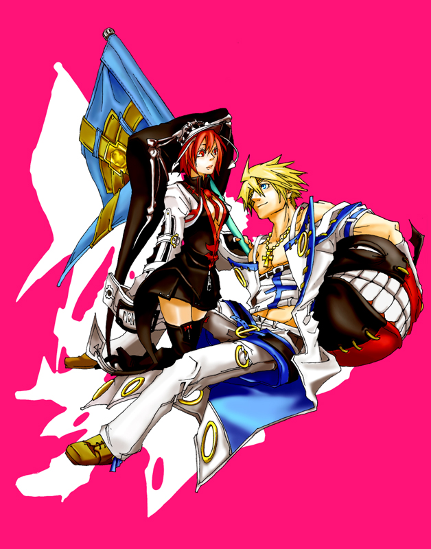 blonde_hair, eyepatch, guilty_gear, guilty_gear_2, mine_(odasol), miniskirt, pink_eyes, red_hair