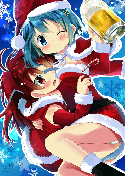 ;), ;o, alternate_costume, beer_mug, blue_eyes, blue_hair, blush, bow