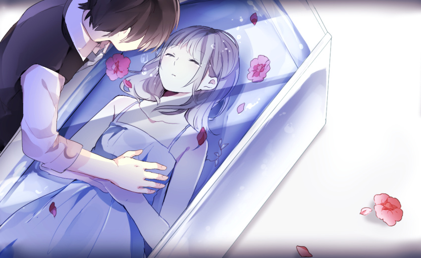 1boy, 1girl, couple, female, flower, male, original, prin_dog, water_tank