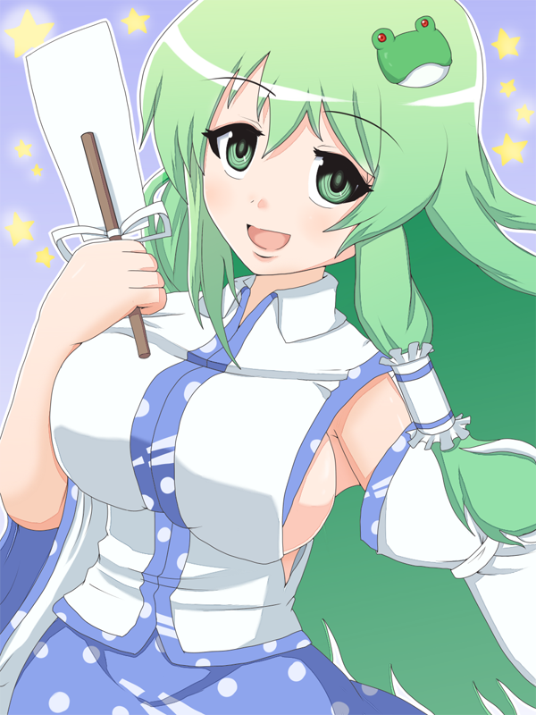 blush, breasts, detached_sleeves, feita_(counterfeit), frog_hair_ornament, gohei, green_eyes, green_hair