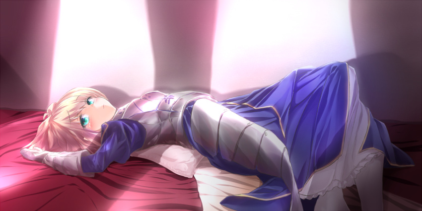 armor, armored_dress, blonde_hair, blue_dress, dress, fate/stay_night, fate_(series), green_eyes