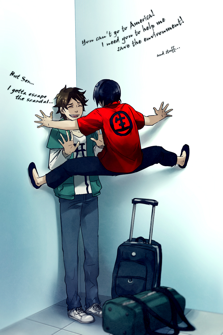 bag, blue_hair, brown_hair, cicada_block, duffel_bag, english, multiple_boys, original