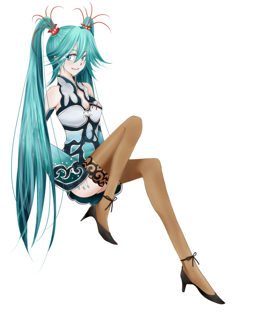 1girl, aqua_hair, china_dress, chinese_clothes, full_body, hatsune_miku, high_heels, highres, long_hair, mono_(shootingstar-hitomi), project_diva, project_diva_(series), project_diva_f, shoes, solo, thigh-highs, thighhighs, twintails, vocaloid, world's_end_dancehall_(vocaloid)