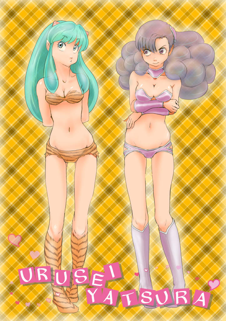 bikini, boots, breasts, brown_eyes, brown_hair, choker, cleavage, crossed_arms, curly_hair, earrings, green_eyes, green_hair, hair_ornament, horns, jewelry, long_hair, lowleg, lowleg_bikini, lum, oilaoila, pointy_ears, ran_(urusei_yatsura), swimsuit, tartan_background, tiger_print, urusei_yatsura