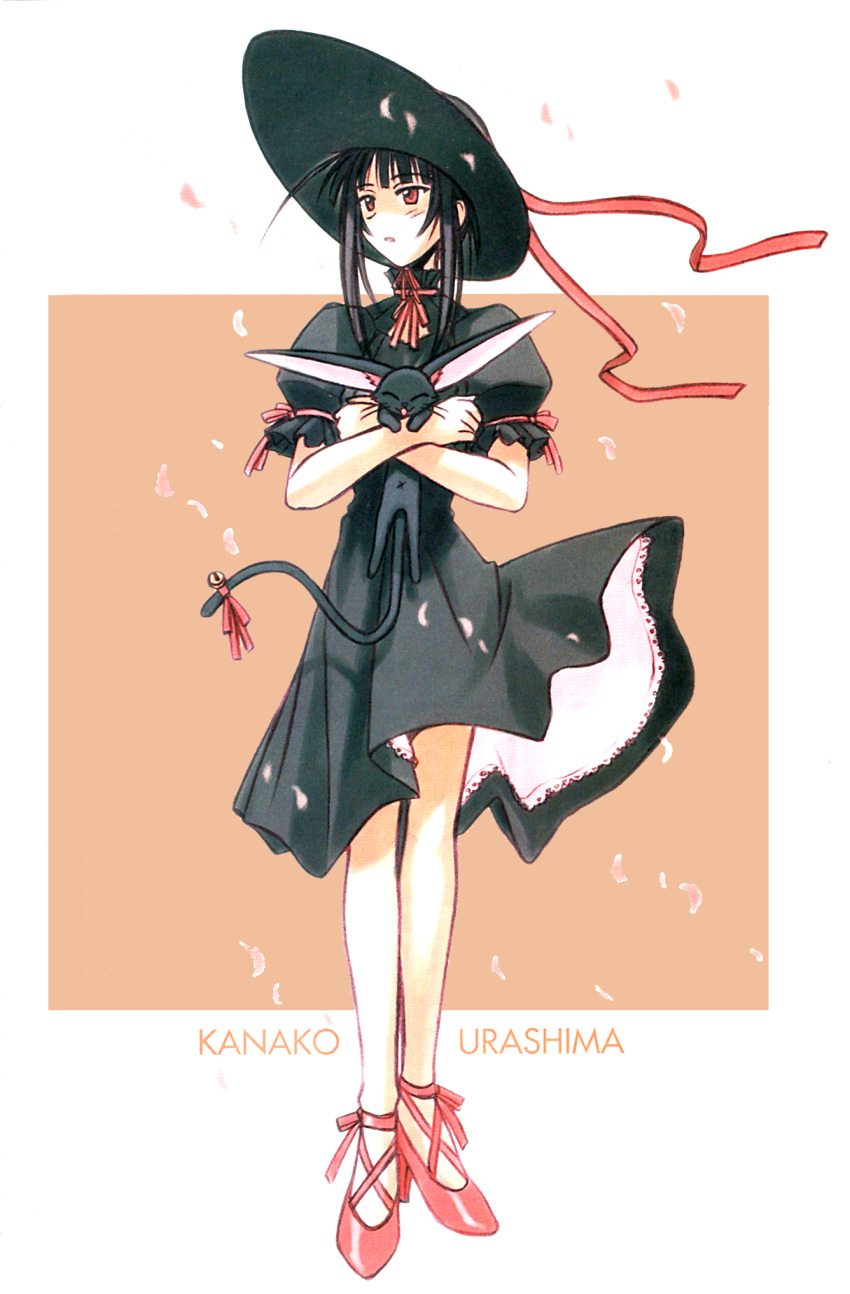 akamatsu_ken, artbook, bare_legs, bell, black_cat, black_dress, black_hair, cat