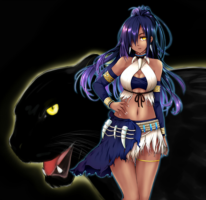 animal, armlet, bare_shoulders, black_panther, bracelet, breasts, choker, cleavage, dark_skin, detached_sleeves, earrings, frown, hair_over_one_eye, high_ponytail, highres, jewelry, long_hair, mabinogi, midriff, necklace, panther, purple_hair, shamala, shierutei, solo, thigh_strap, yellow_eyes