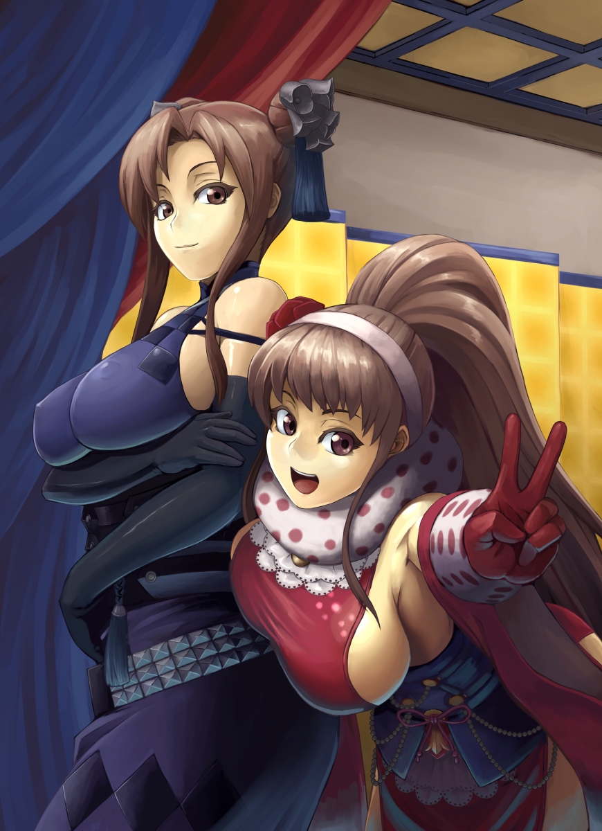armor, bare_shoulders, beads, belt, black_gloves, breast_hold, breasts, brown_eyes