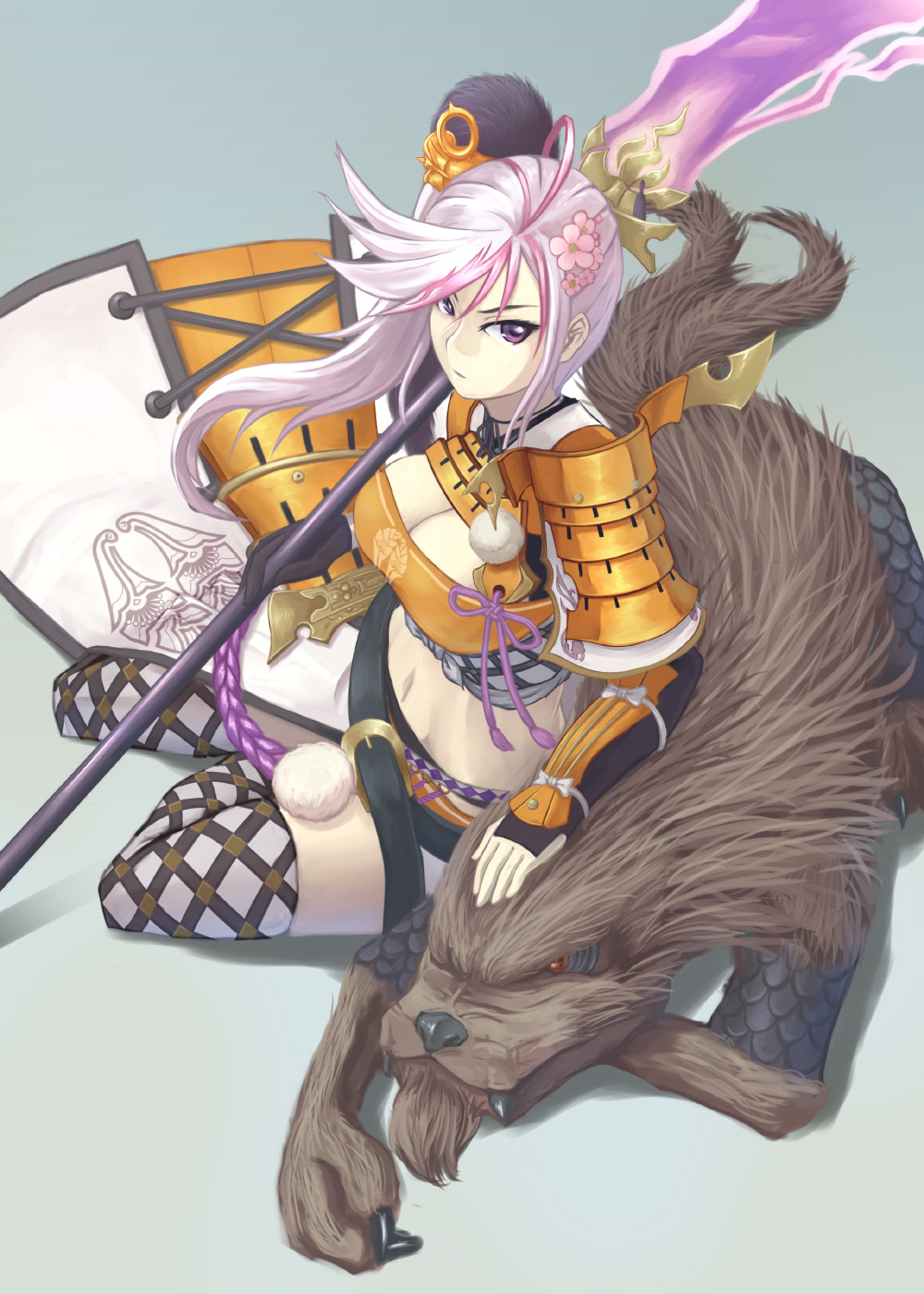 armor, belt, beltskirt, breasts, cleavage, dragon, flower, from_above