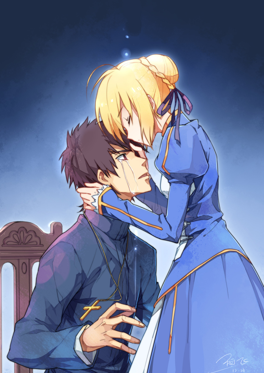 1girl, blonde_hair, brown_eyes, brown_hair, closed_eyes, cross, cross_necklace, dress