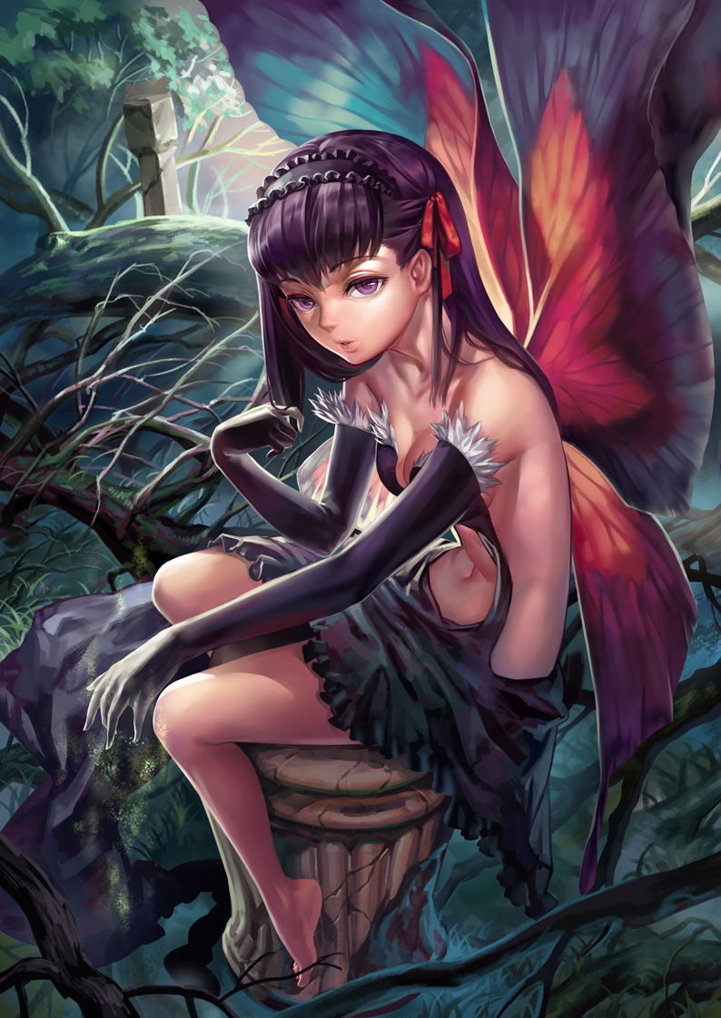 accel_world, bare_shoulders, barefoot, breasts, butterfly_wings, cleavage, cosplay, crossover