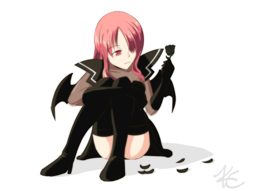 absurdres, bat_wings, black_rose, boots, choker, demon_girl, empty_eyes, flower