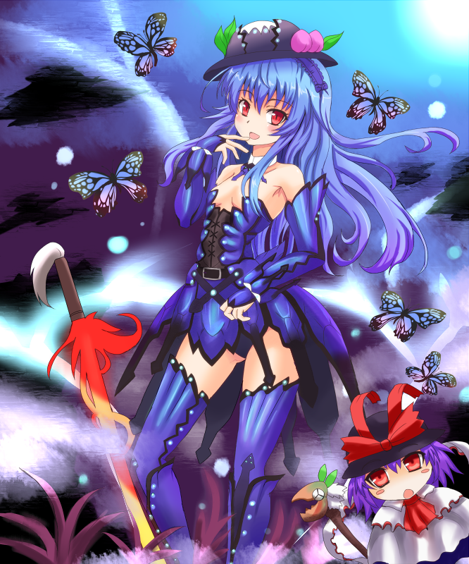 alternate_costume, blue_hair, blue_panties, blush_stickers, bnahabra_(armor), butterfly, capelet, elbow_gloves