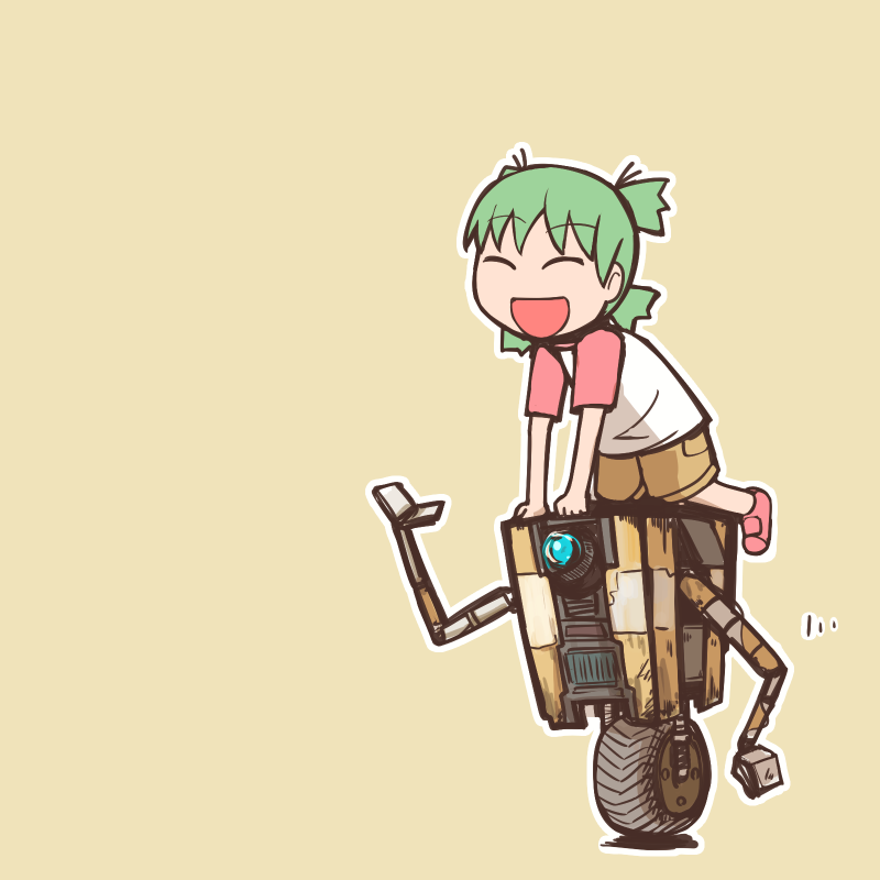 borderlands, child, claptrap, closed_eyes, crossover, eyes_closed, green_hair, koiwai_yotsuba